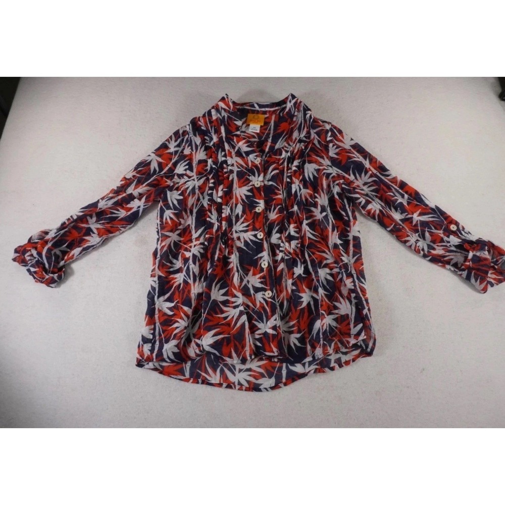 Ruby Rd. Blouse Top Womens PS Navy Tropical Leaf Roll Tab Sleeve Button Front